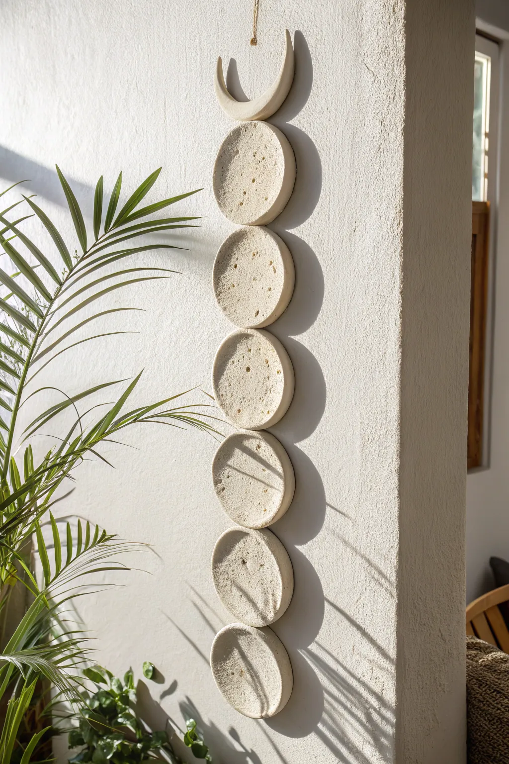 Minimalist moon phase ceramic wall set in matte speckled stoneware with soft sculpted shadows.