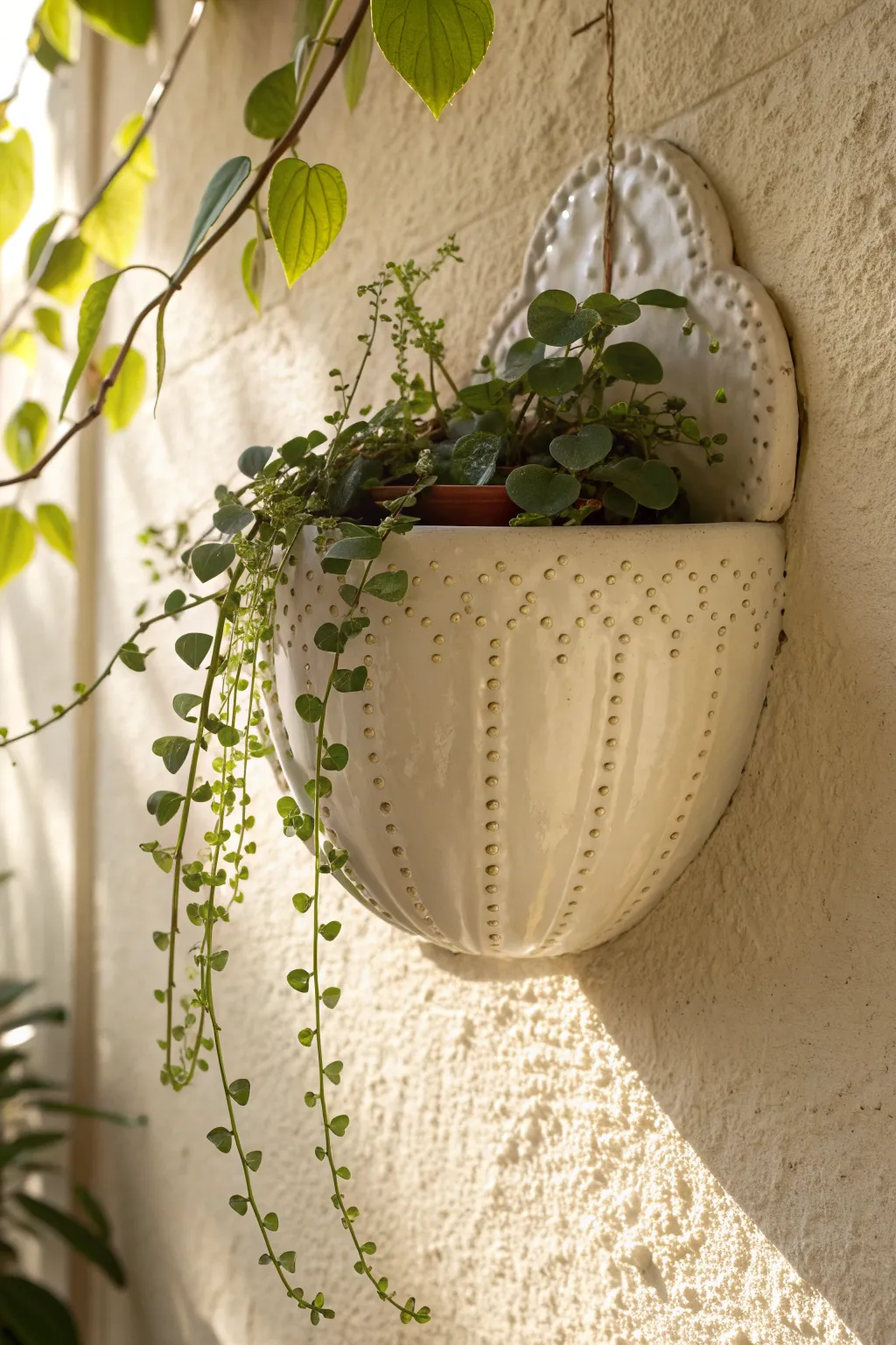 Creamy scalloped ceramic wall pocket with a simple trailing plant for soft, minimalist charm.