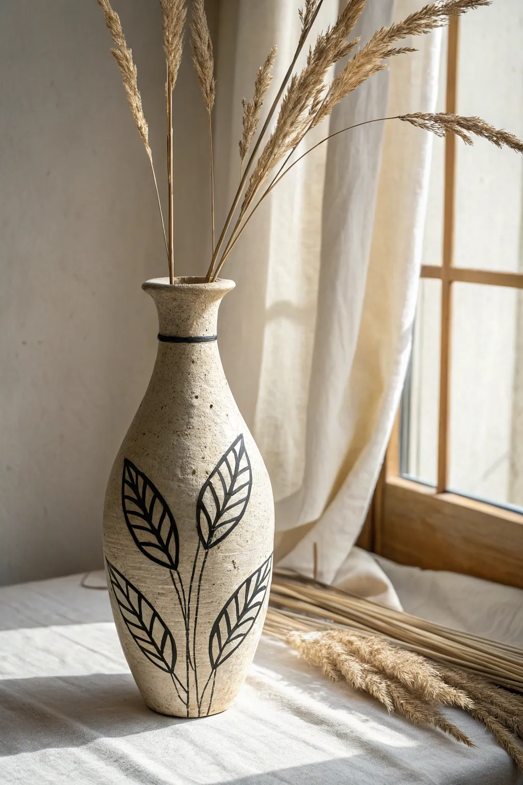 Minimalist carved vase with bold sgraffito lines and dried stems for a simple boho finish.