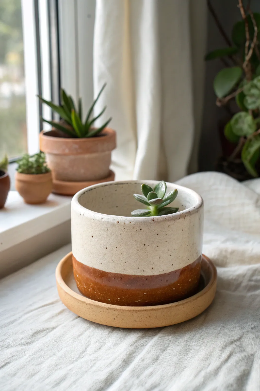 Beginner-friendly succulent planter in a simple two-tone dipped glaze with matching saucer