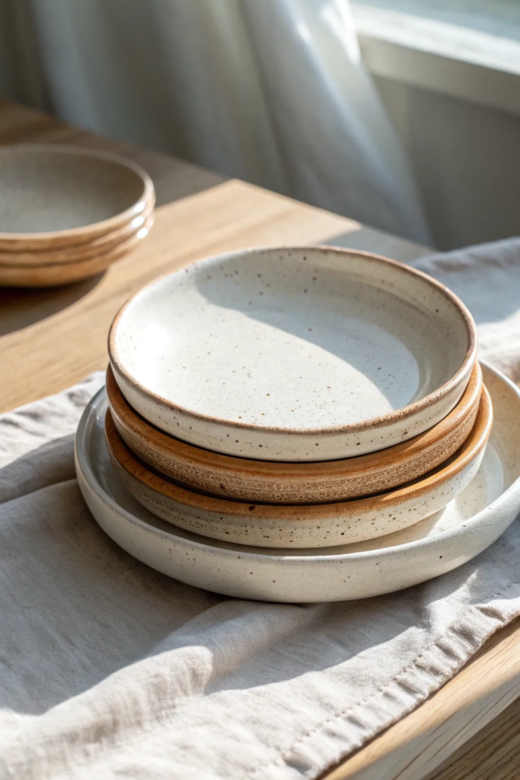 Clean-edged slab plates in soft speckled glazes, stacked simply for a calm minimalist look.