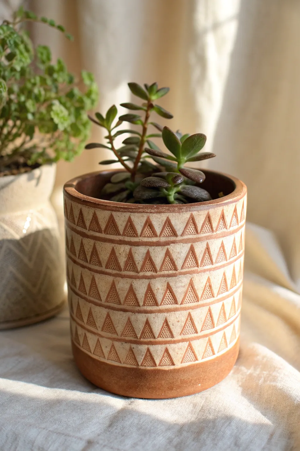 Stamped triangle rows and earthy glaze create a crisp, repeating geometric texture on a simple planter