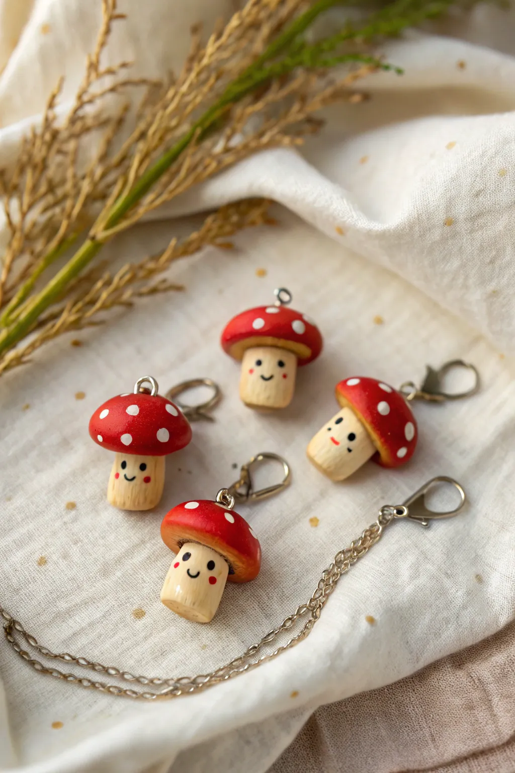 Sweet mushroom cap charms with dot eyes, a tiny forest of cute clay details.