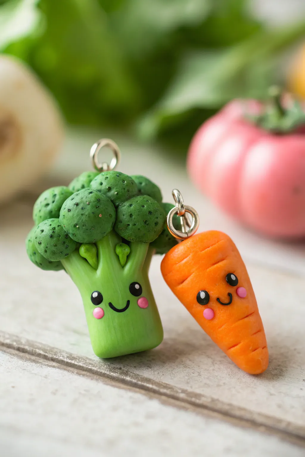 Sweet broccoli and carrot best-friend charms in minimalist Scandinavian styling, boho warmth