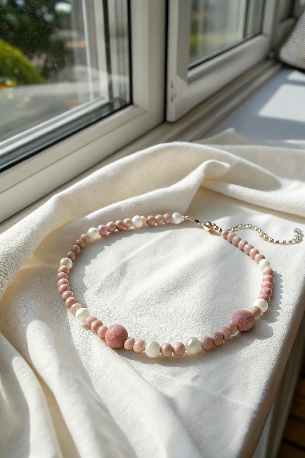 Sweet clay bead choker with pearl-like accents on soft linen, minimal, vintage, and handmade.