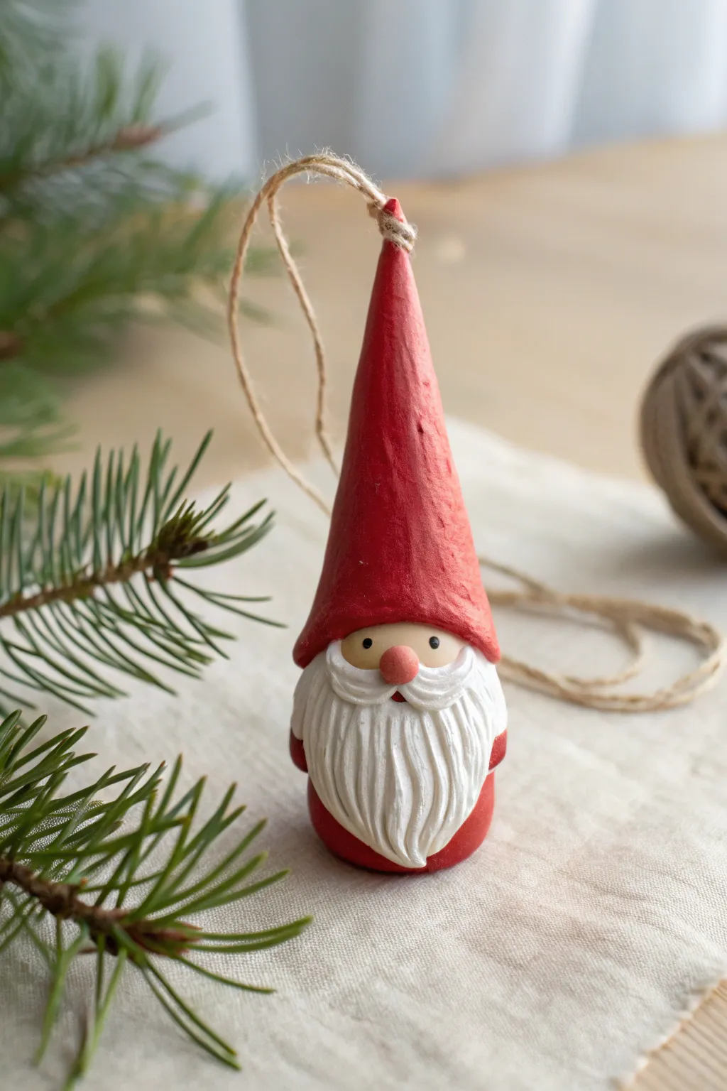 Minimalist air-clay gnome ornament with a tall red hat and textured beard, ready to hang.
