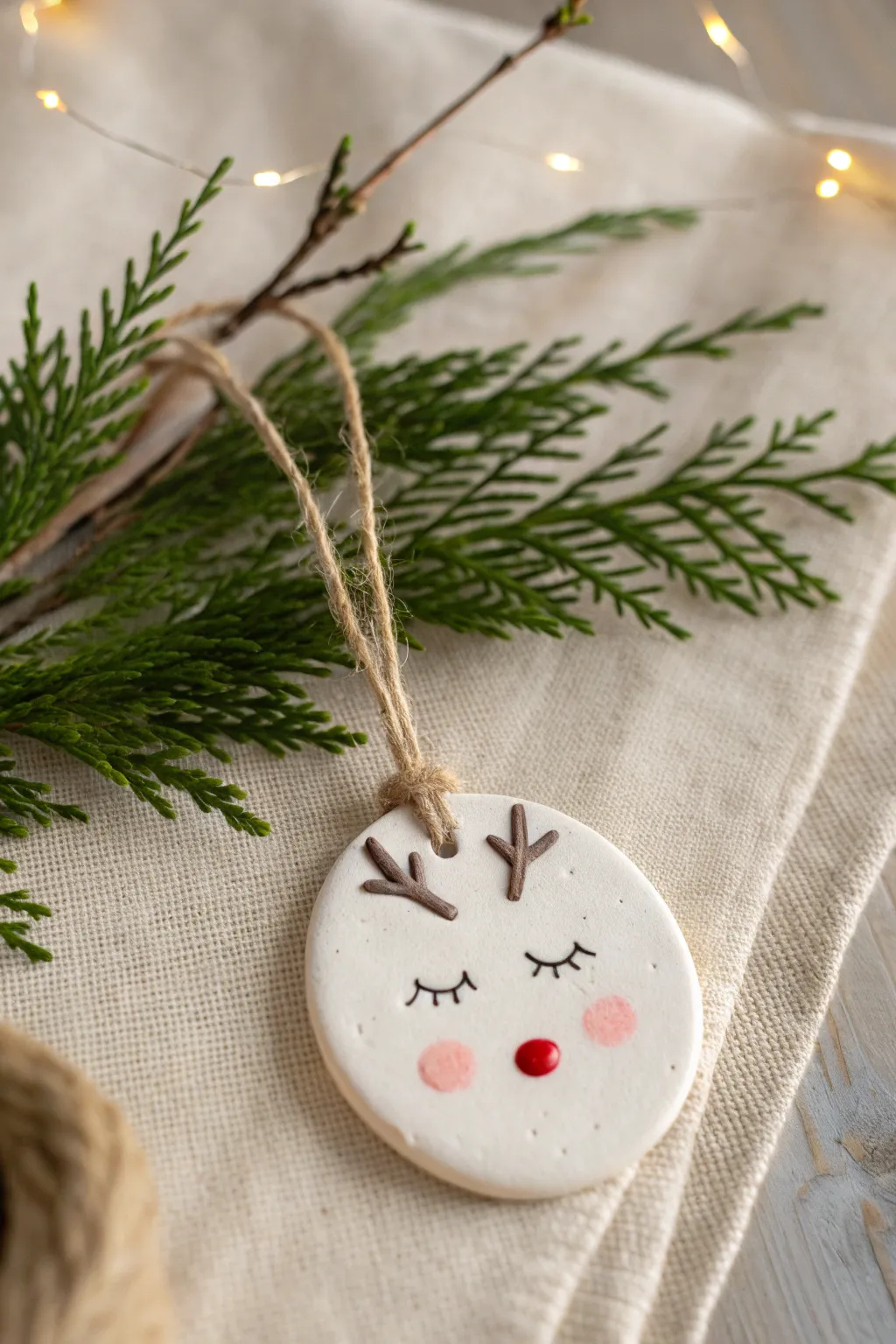 Minimal clay reindeer ornament with rosy cheeks and red nose, nestled in evergreen.