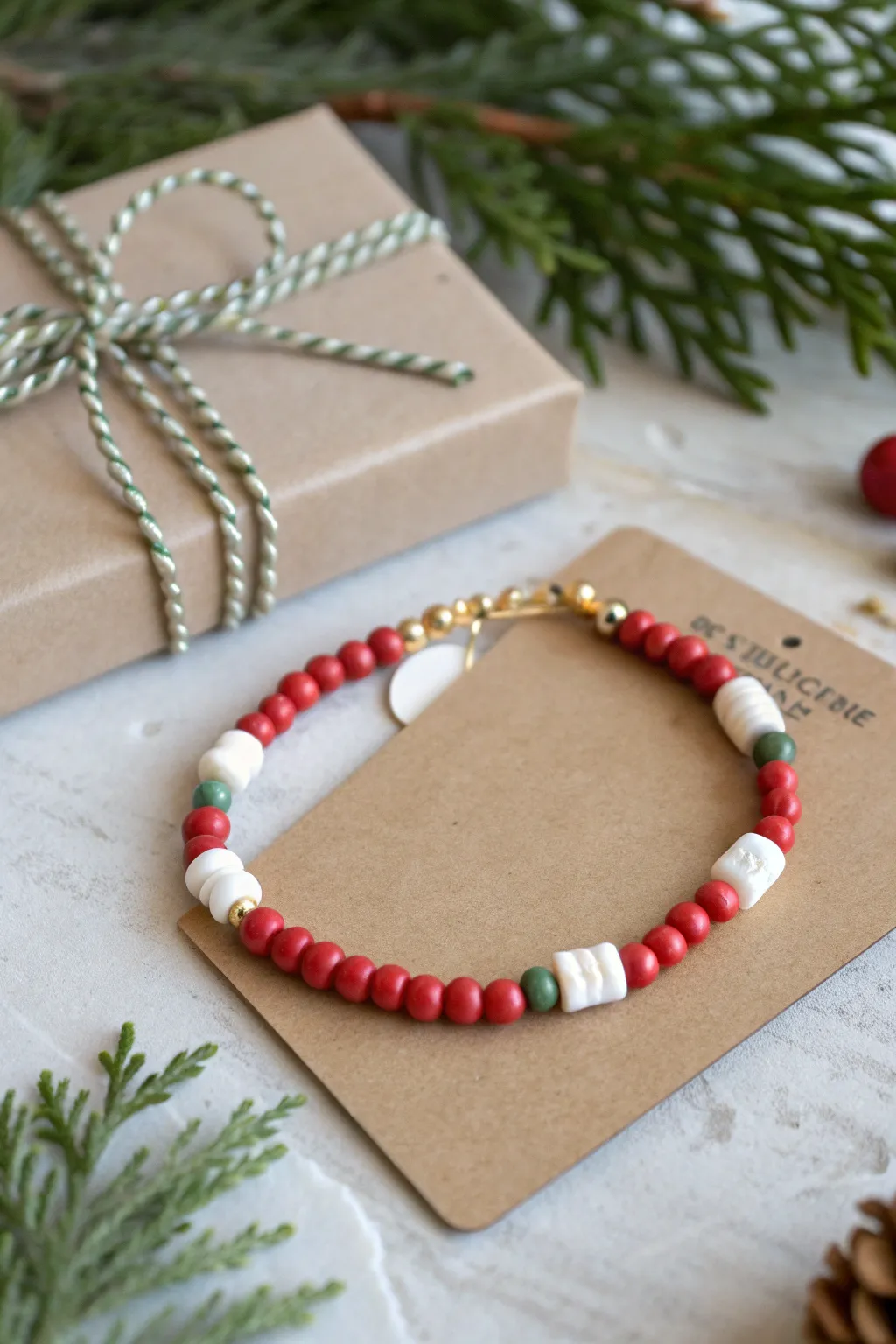 Festive clay bead bracelet in red, white and green, styled gift-ready for a cozy stocking stuffer