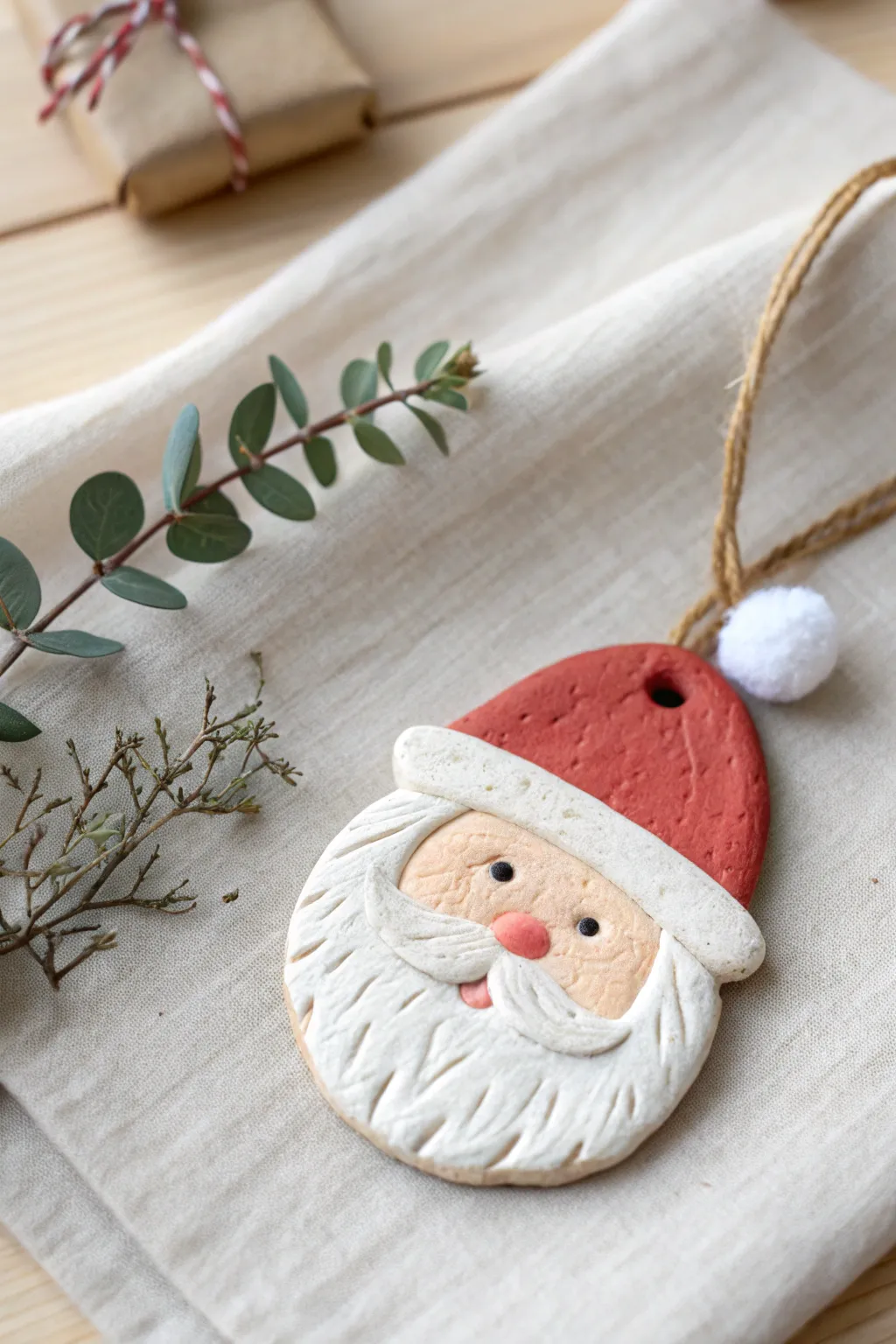 Minimal Santa face clay ornament set in soft Nordic styling, perfect for easy holiday crafting.