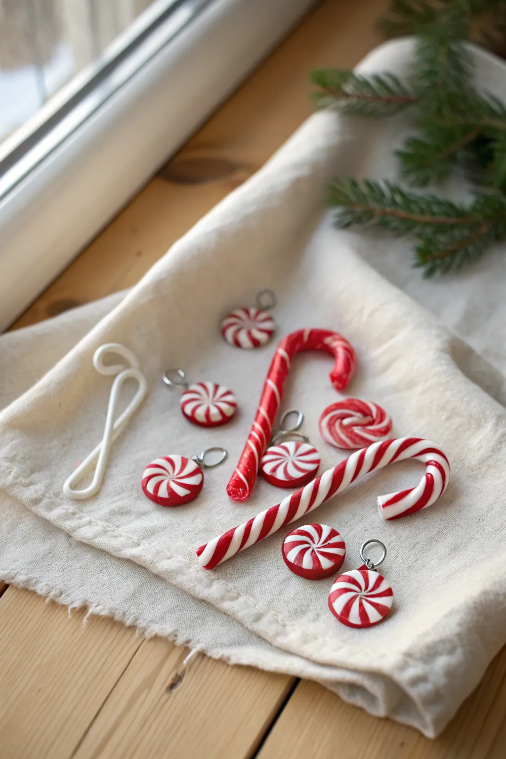 Sweet red and white candy cane clay charms with a glossy finish, styled in a cozy minimalist pile