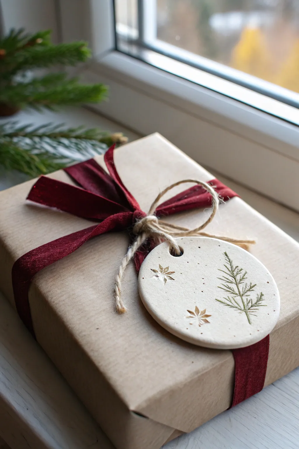 Minimal clay gift tag with star imprint on a wrapped parcel, neutral tones with red ribbon.