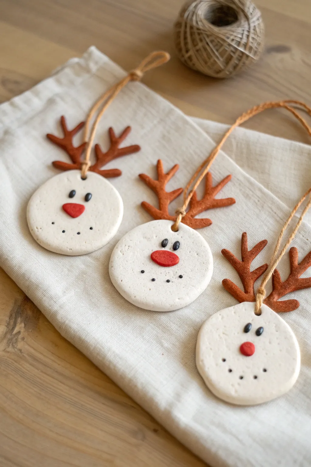 Minimal clay reindeer face ornaments with simple antlers and a sweet red nose option