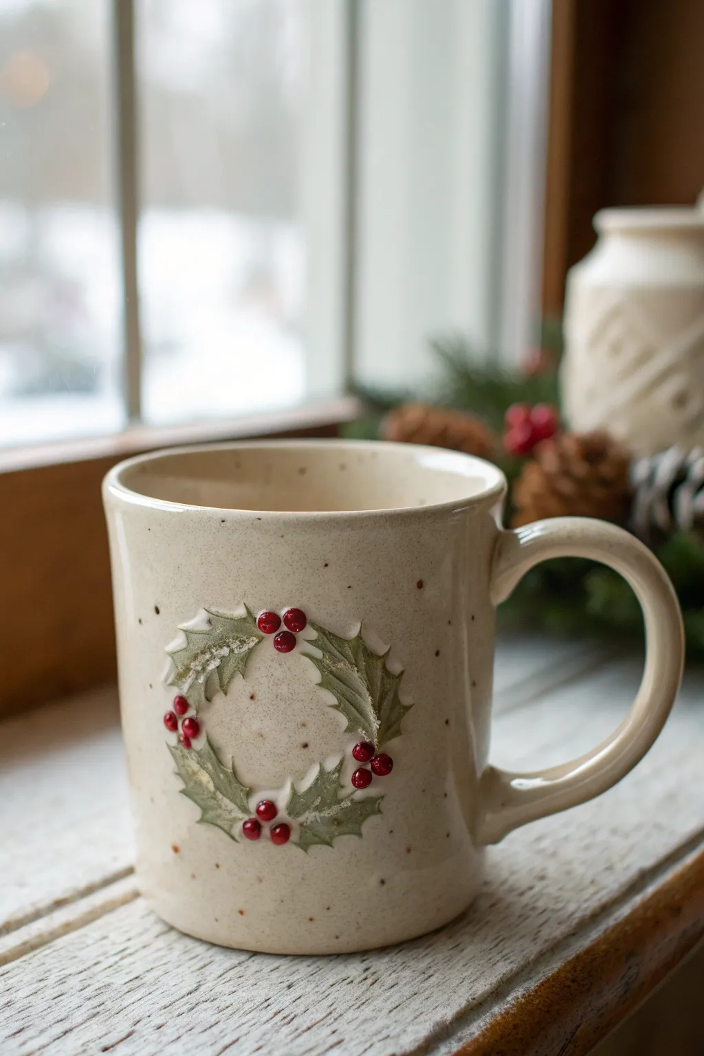 Minimal ivory clay mug with a raised holly wreath medallion and glossy berry accents