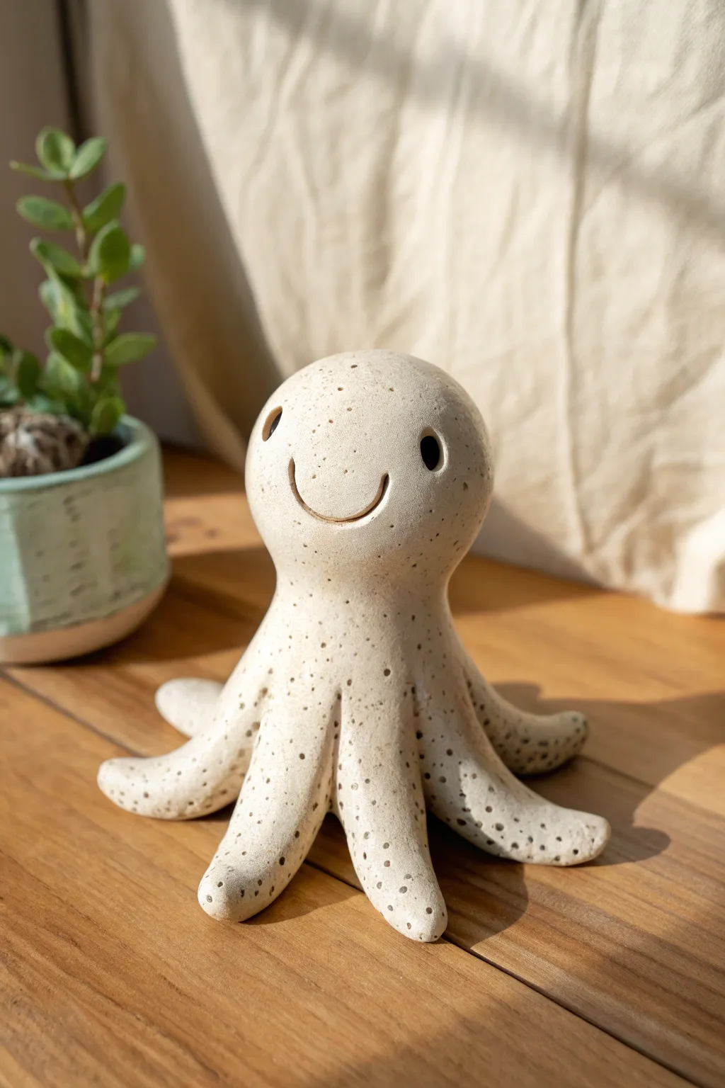 Cute multi-armed clay tentacle alien with minimal details, soft tones, and crisp contrast