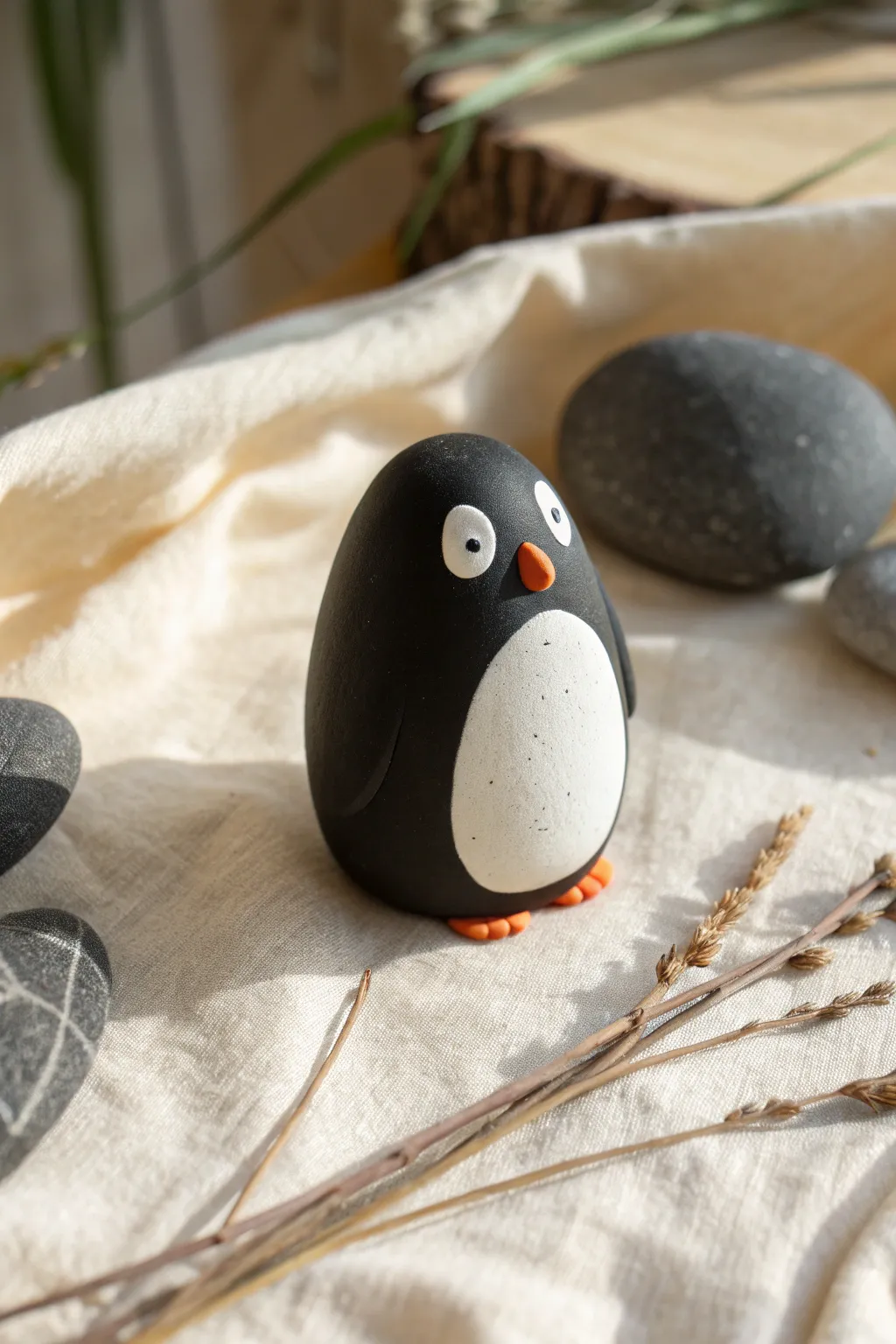 Simple clay penguin from two ovals and a tiny beak, minimal, cute, and beginner friendly