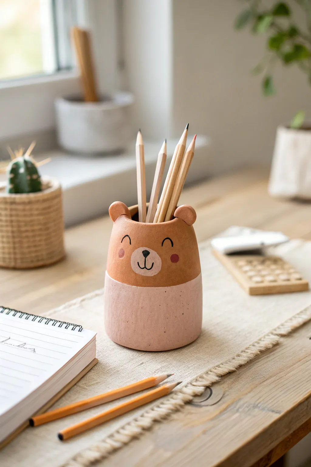 Cute clay desk buddy pencil holder: minimalist boho bear monster bringing charm to your workspace