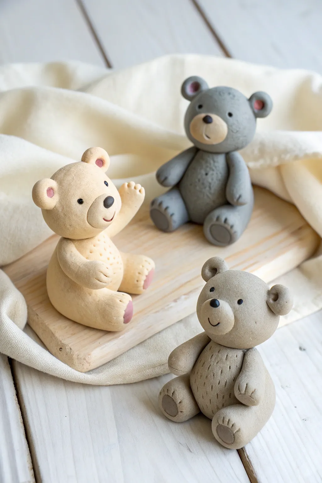 Three tiny clay bear cubs in sweet poses, minimalist and cozy in soft neutral tones.