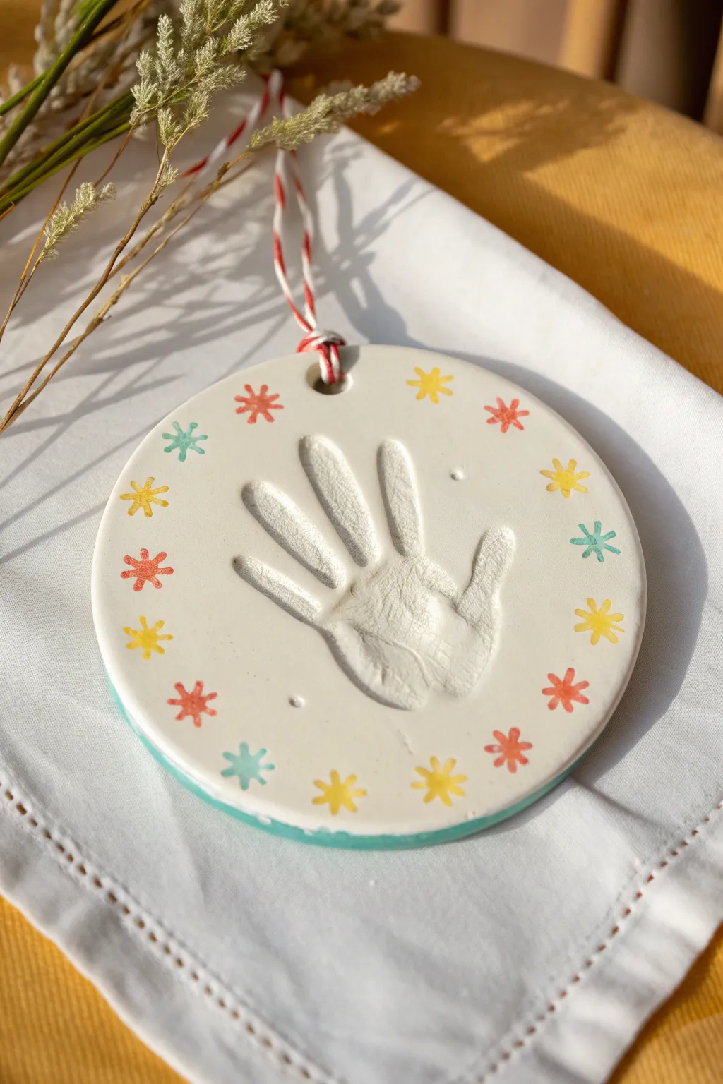 Bright handprint keepsake plaque with stamped stars, styled minimal on a neutral linen backdrop