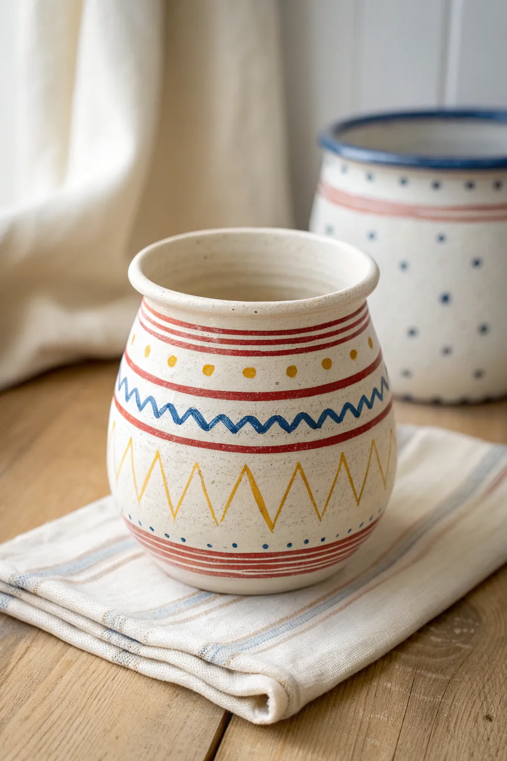 Bright, kid-friendly coil pot with bold stripes and dots on a clean Scandinavian backdrop.