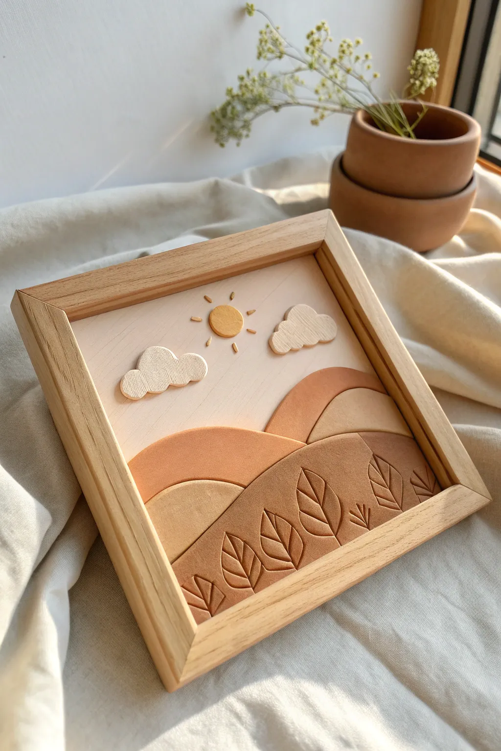 Minimal framed 3D clay landscape in soft earthy tones, a calming DIY wall art idea.