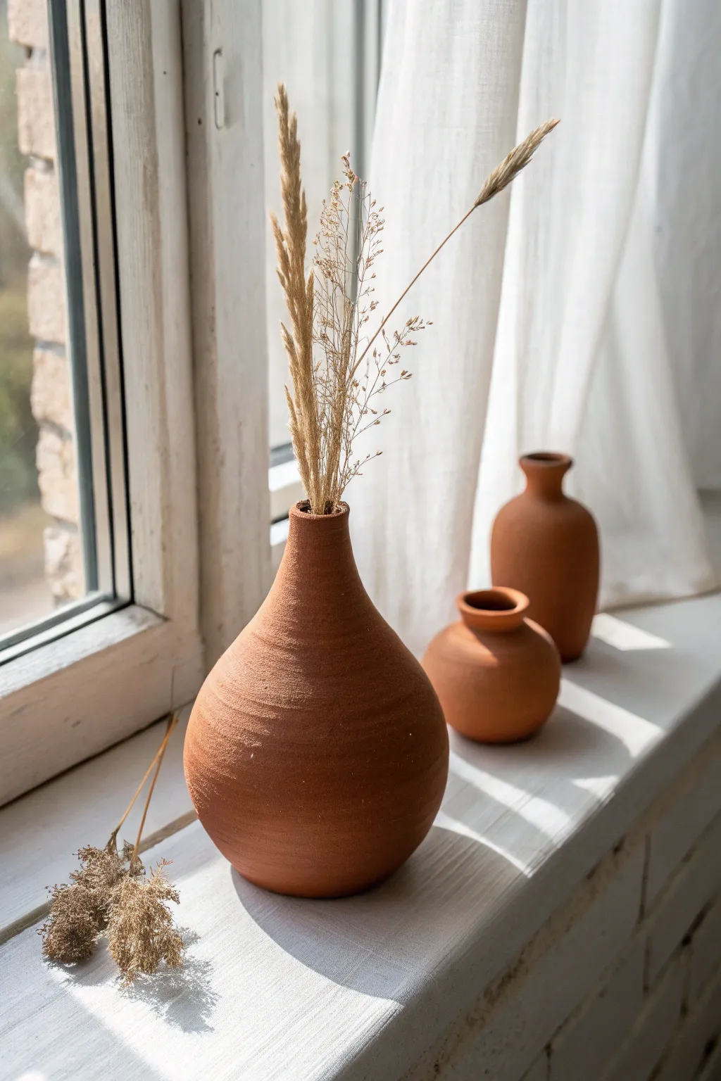 Mini clay bud vases with dried stems, simple shapes and warm terracotta for calm boho decor.