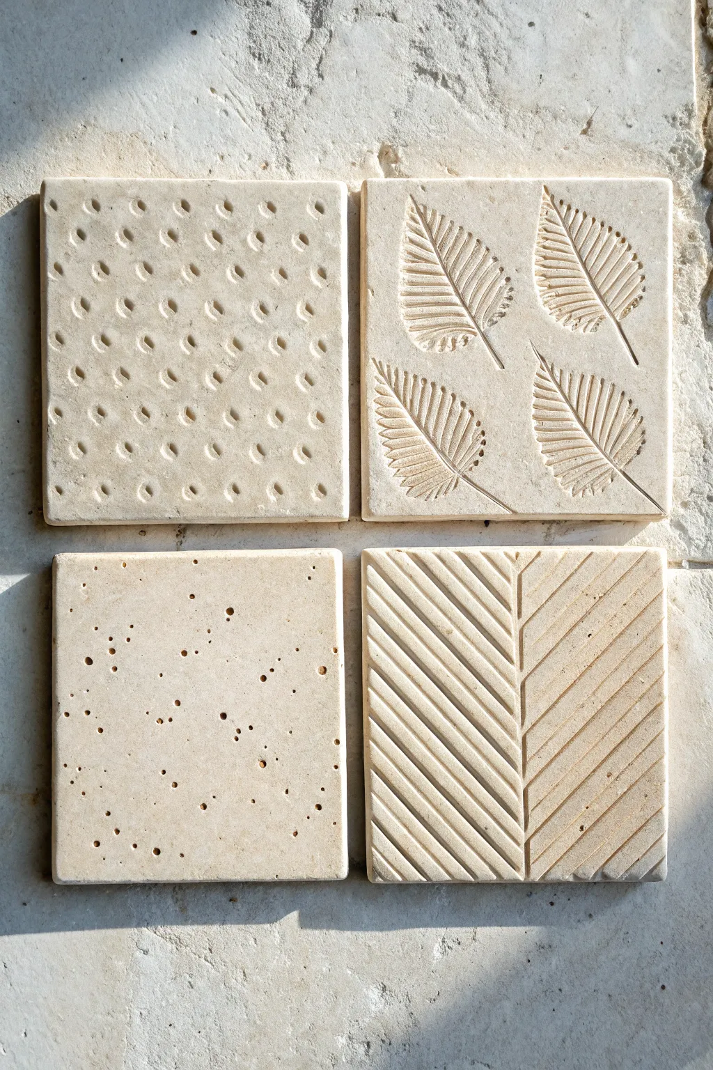 Four textured clay slab tiles in a minimalist grid, perfect for easy wall art inspiration.