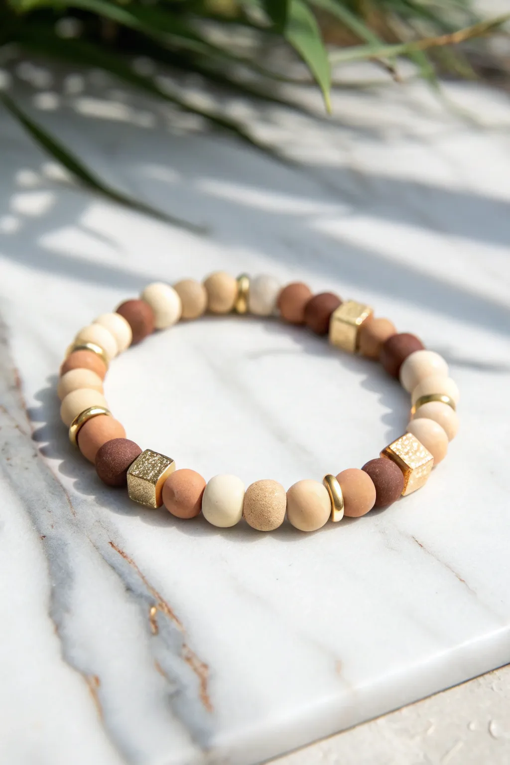 Neutral sand and cream clay bead bracelet with subtle gold pops on clean marble