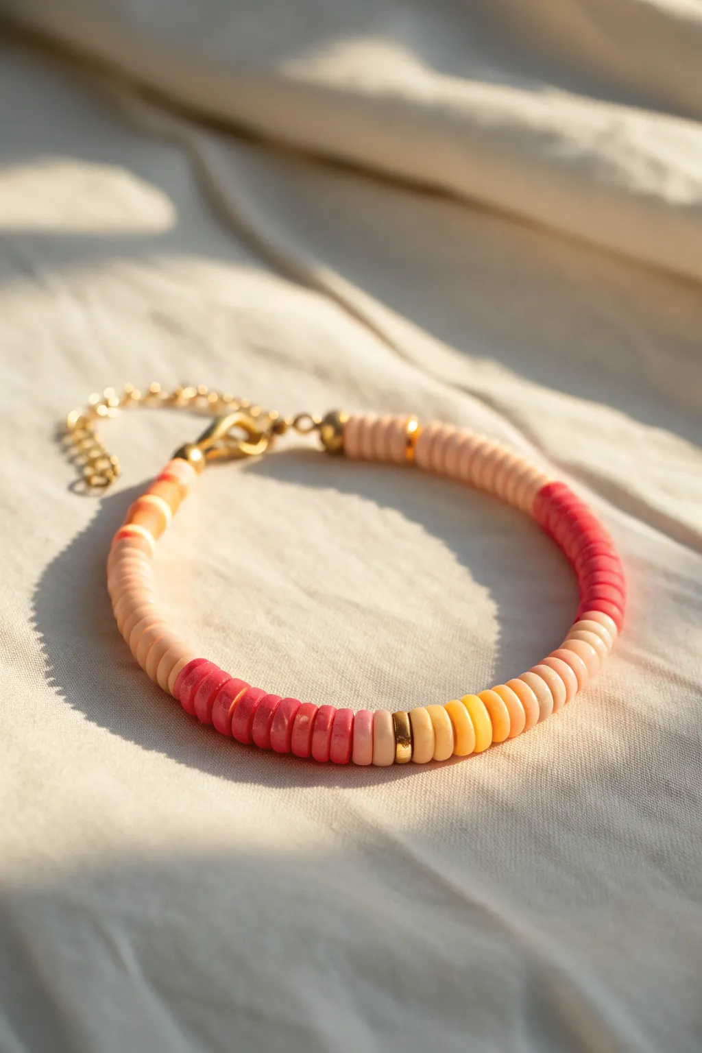 Sunset ombre heishi clay bead bracelet, peach to pink to pale yellow on a cream backdrop.