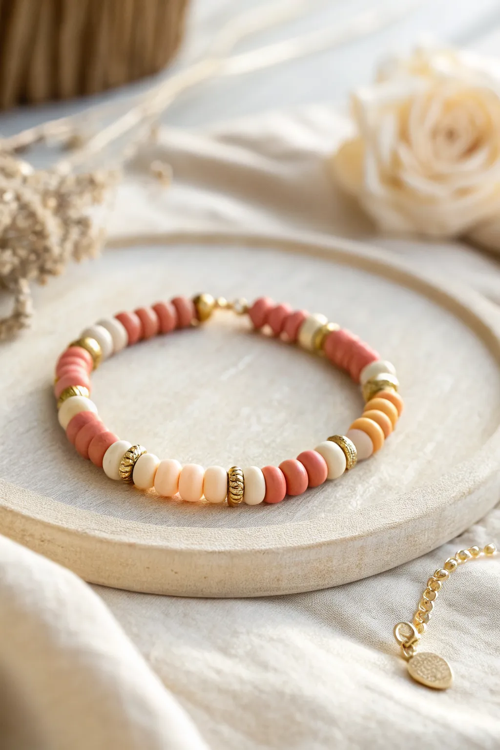 Bright clay discs and gold spacers for an easy summer bracelet that looks instantly elevated.