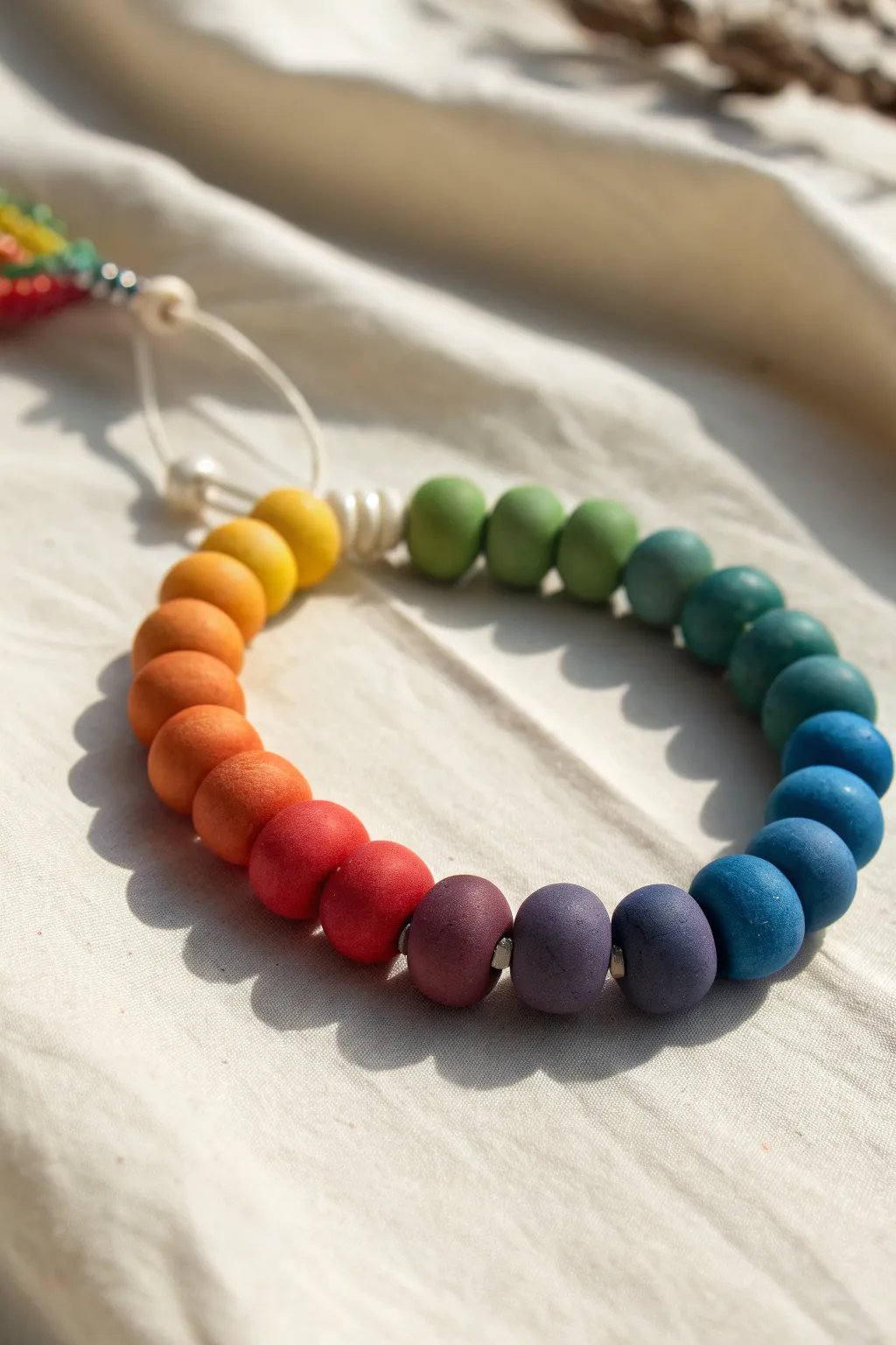Rainbow clay bead bracelet in perfect spectrum order, minimalist flatlay with handcrafted charm.