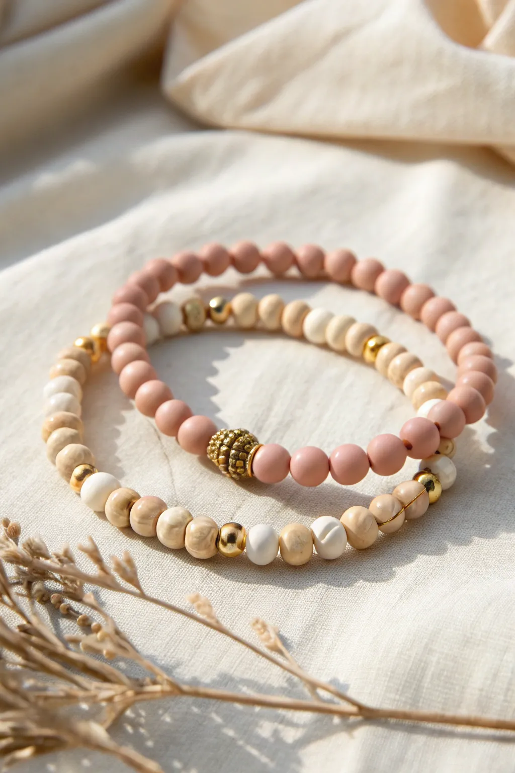 Matching clay disc bead bracelets with shared metallic spacer rhythm for best friends