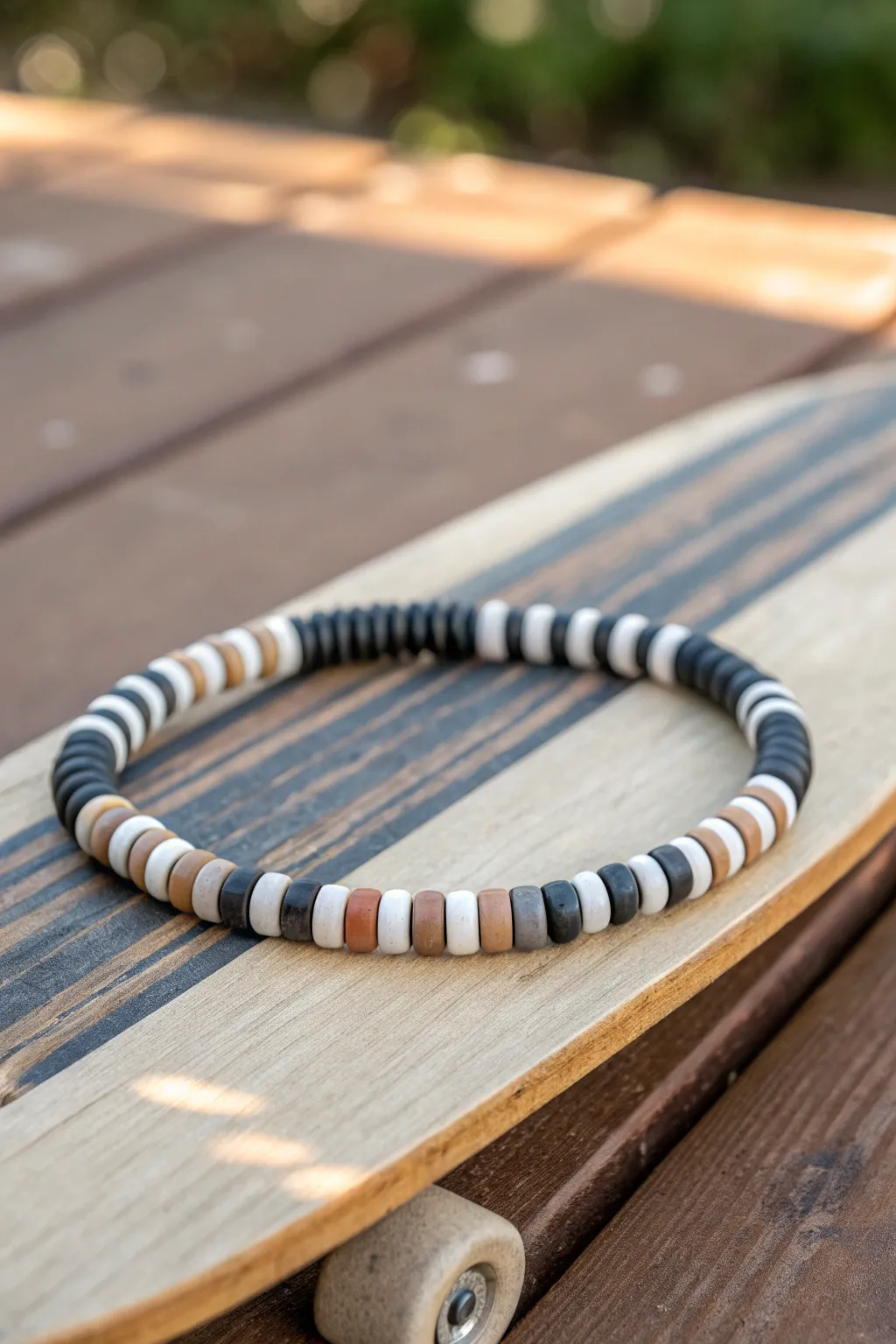 Minimal heishi stripe bracelet in neutral tones, styled on warm wood grain for a clean modern look