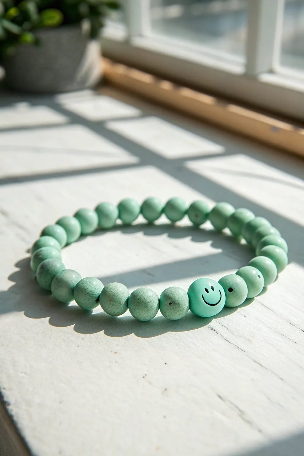Mint monochrome clay bead bracelet with matching smiley centerpiece for simple, happy styling.