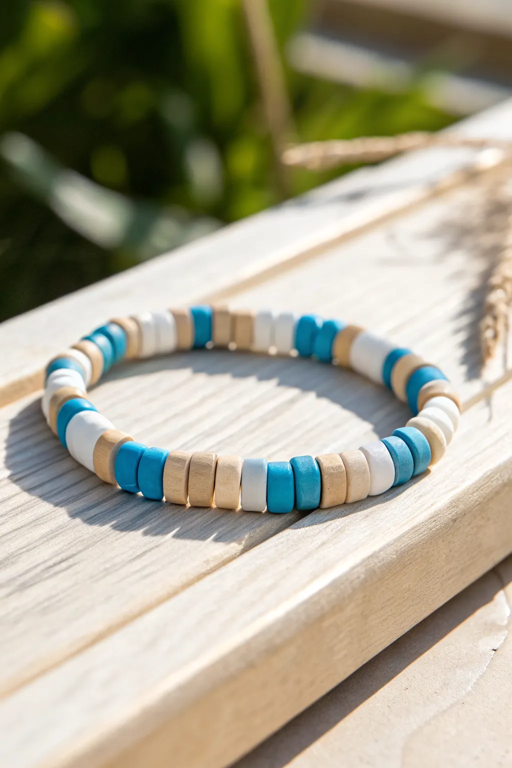 Wave-inspired color blocking: blue, white, and sand clay disc beads for a beachy summer bracelet.