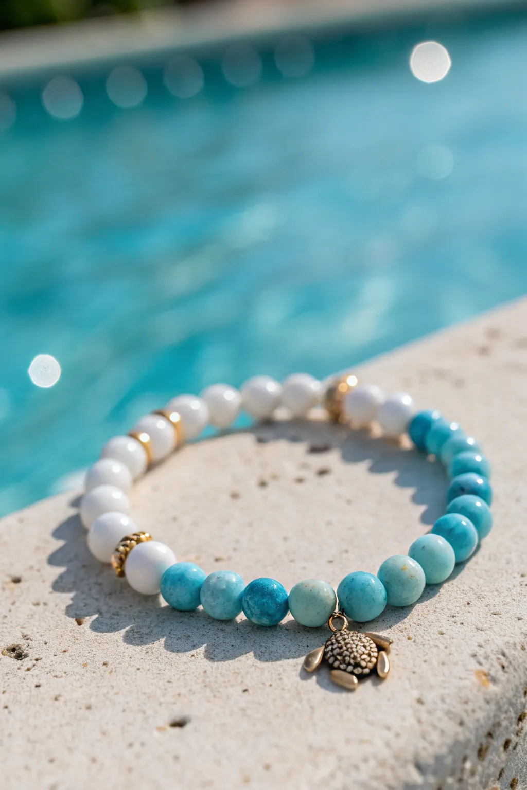 Blue-and-white clay bead bracelet with a tiny sea turtle charm, set against a turquoise swim-day glow.