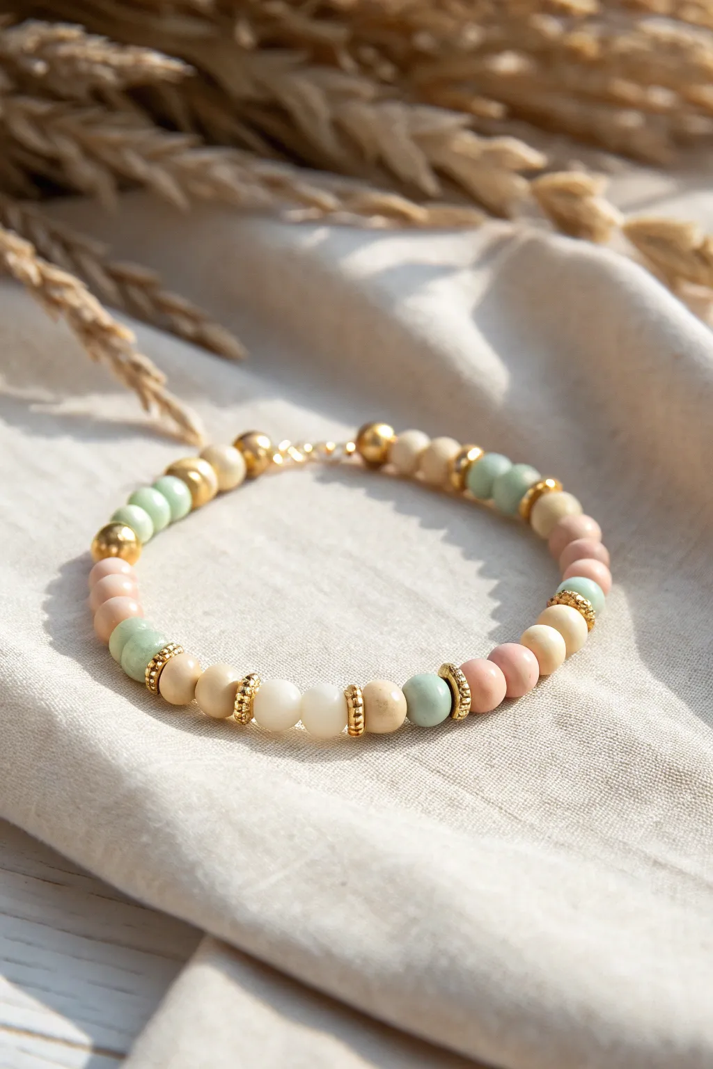 Gold spacers elevate pastel heishi beads into a polished, giftable bracelet design