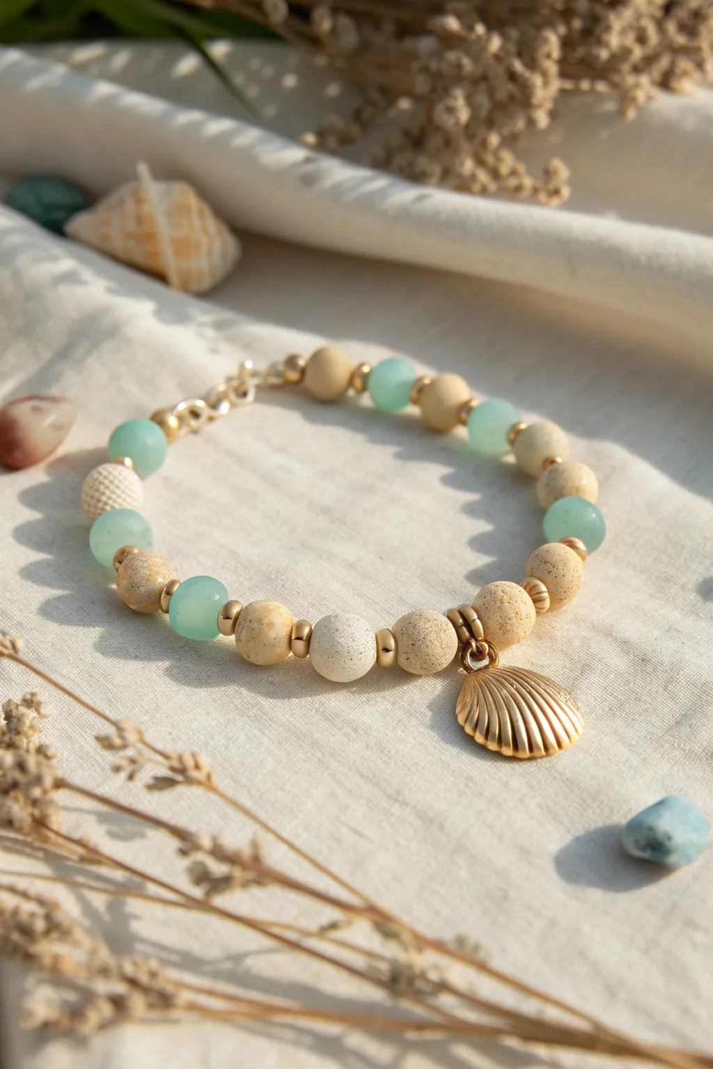 Beachy clay bead bracelet with shell charm, sandy neutrals and sea-glass calm in soft linen light.