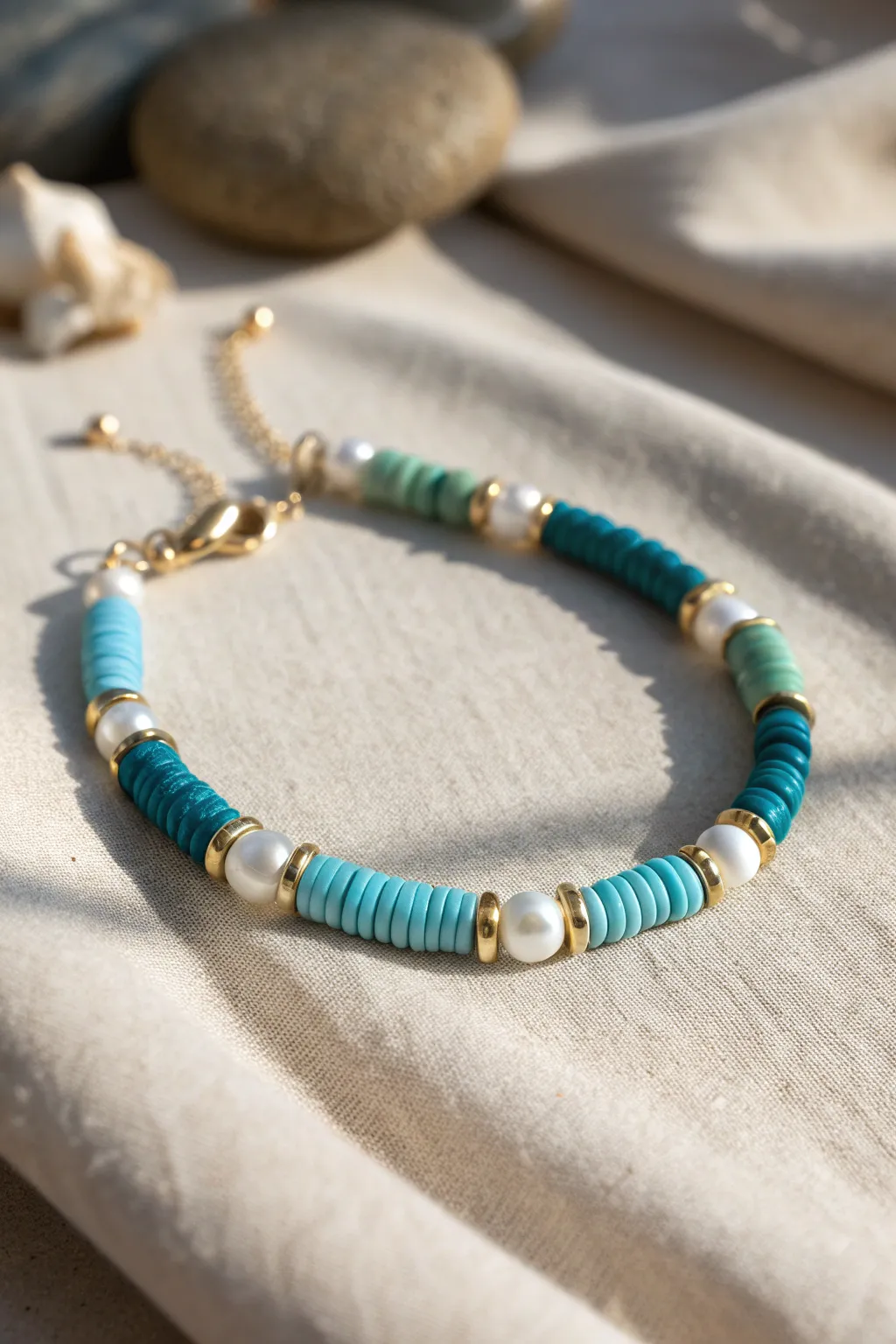 Ocean blue heishi clay beads with crisp pearl pops for an easy, beachy bracelet look