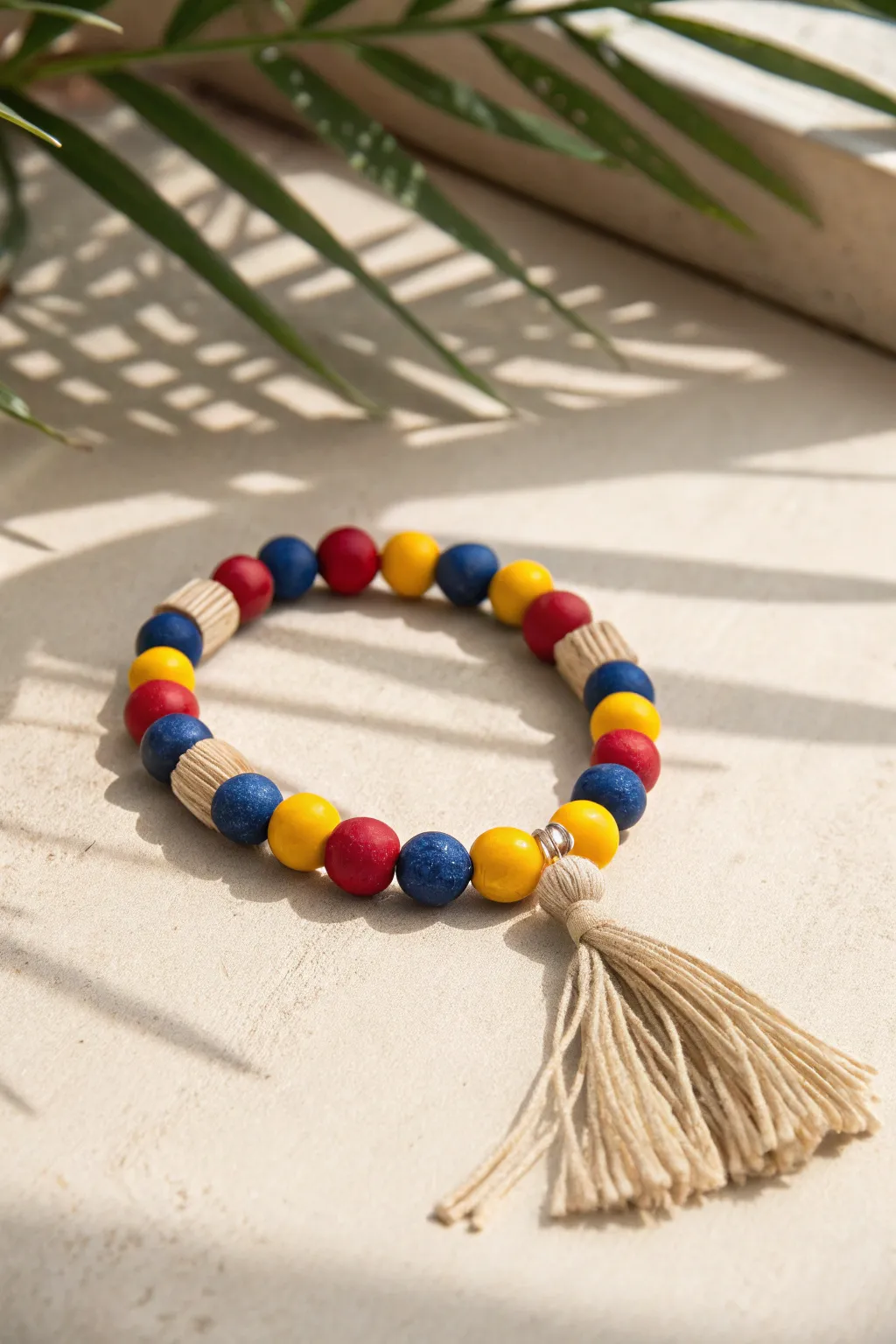 Primary color clay bead bracelet with bold rhythm, clean styling, and zero white spacers