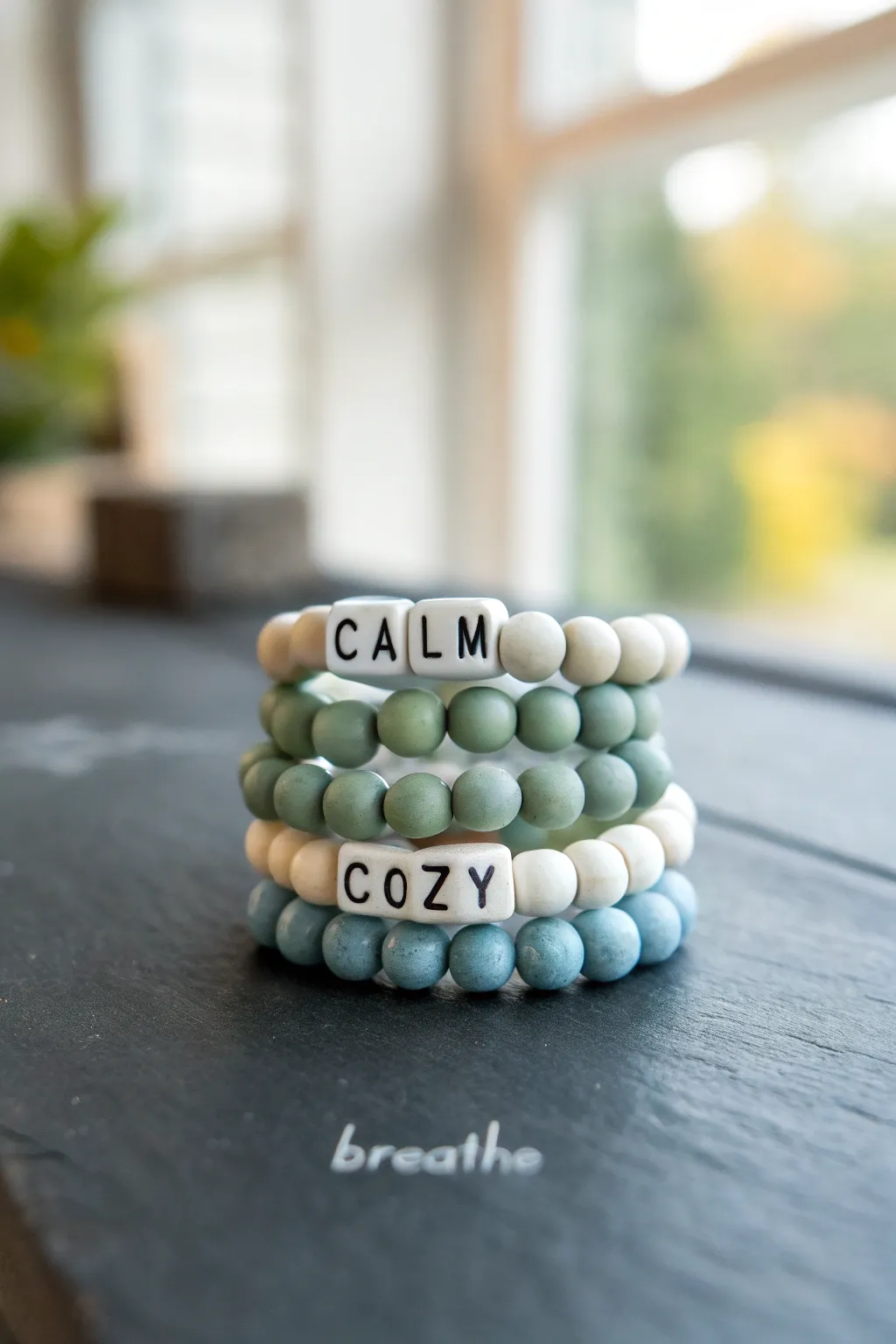 Soft clay bead bracelets in calm hues, styled minimal and cozy for gentle daily reminders.