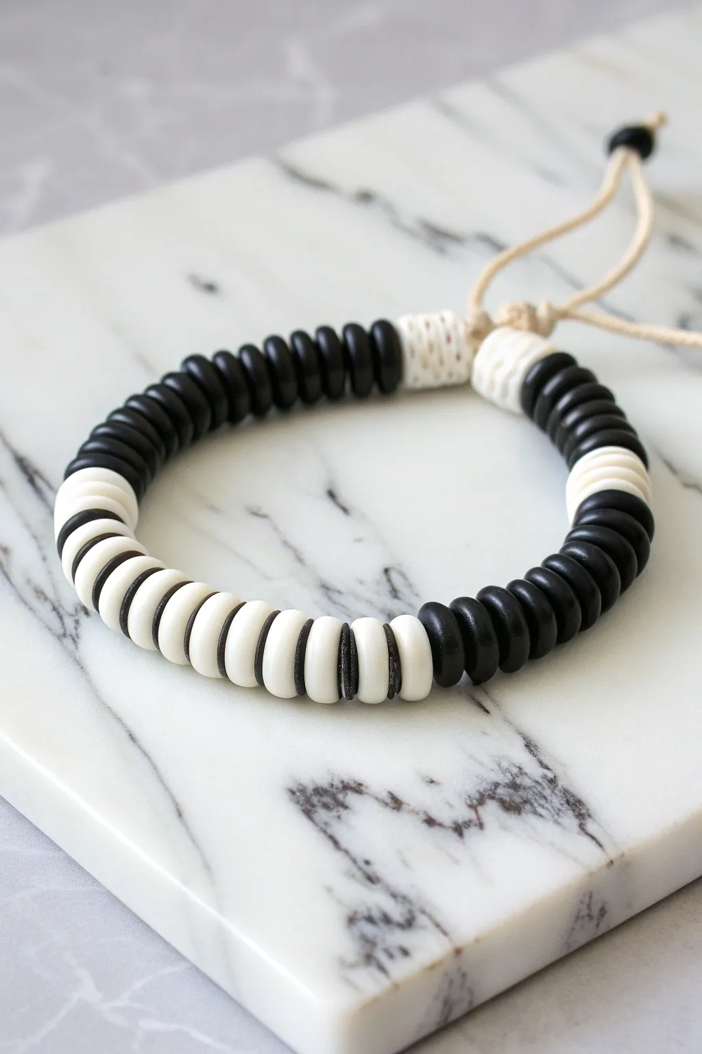 Bold black-and-white heishi bead repeat bracelet on marble for a modern minimalist look