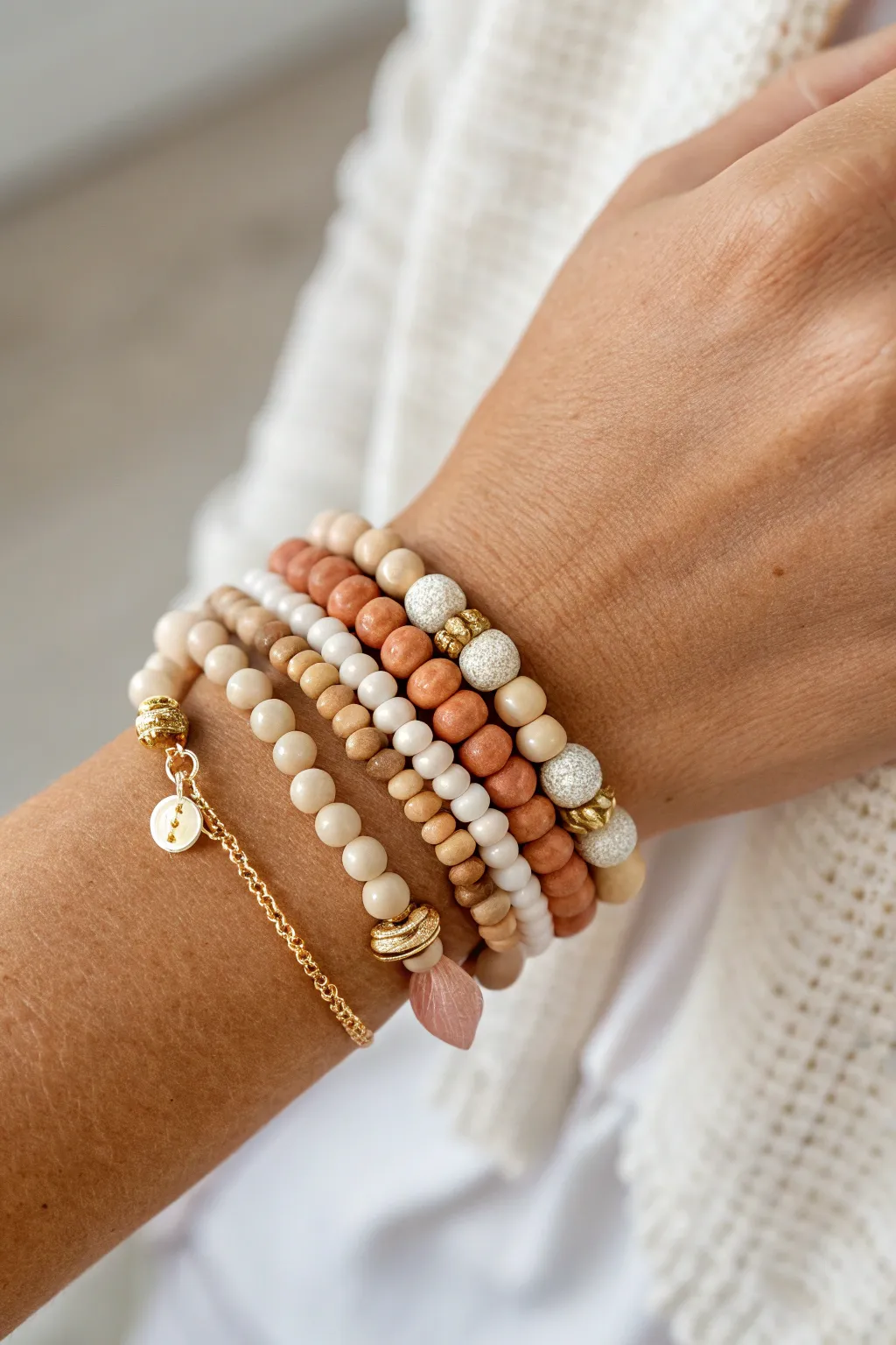 One charm leads the stack: four clay bead bracelets in soft neutrals for an easy coordinated look.