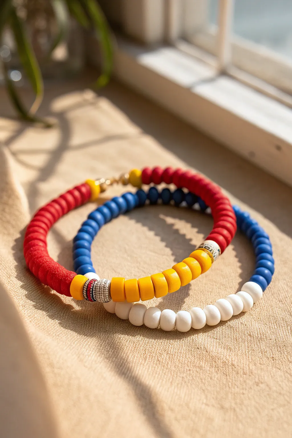 Bright primary heishi clay bead bracelet with clean white stack, minimalist boho color pop.