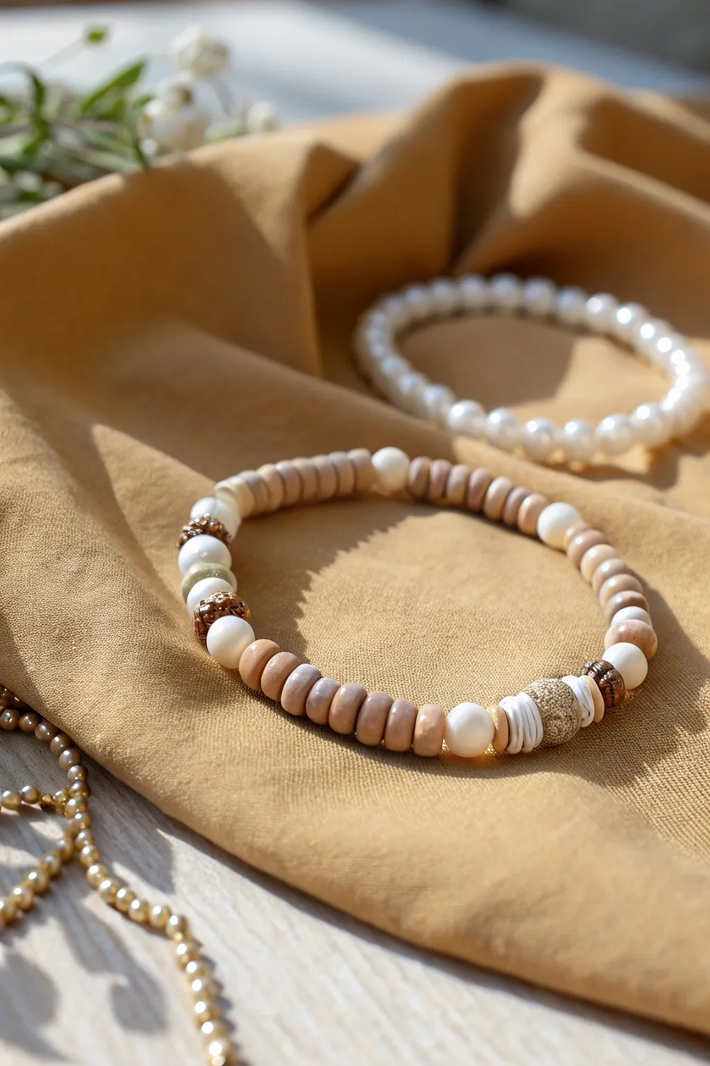 Neutral heishi clay beads with pearly accents for an effortless cozy bracelet stack.