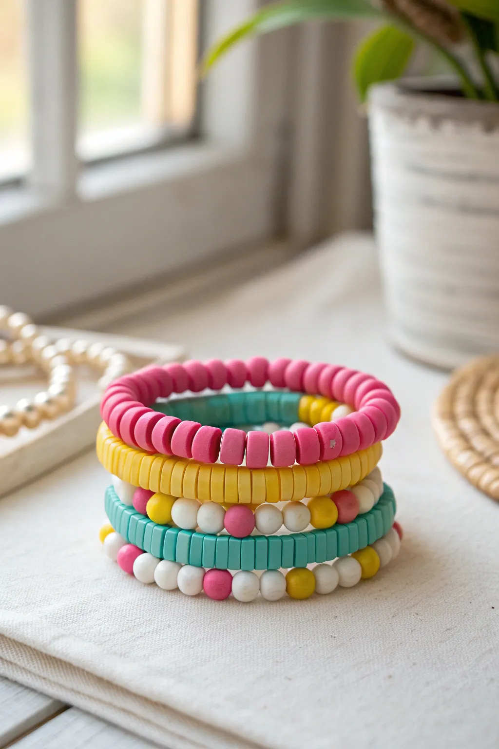 Preppy pink, teal, and sunshine yellow clay bead bracelets with clean white spacers.