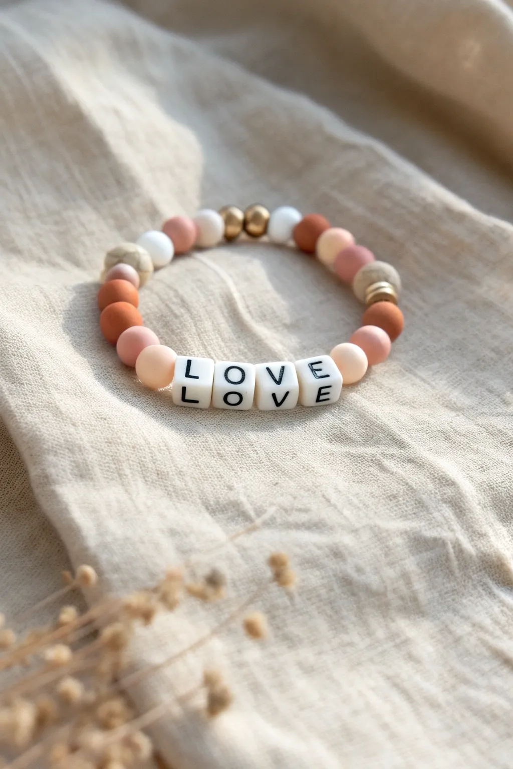 Cute clay bead bracelet with centered letter beads and pastel blocks, styled in minimal Scandinavian boho.