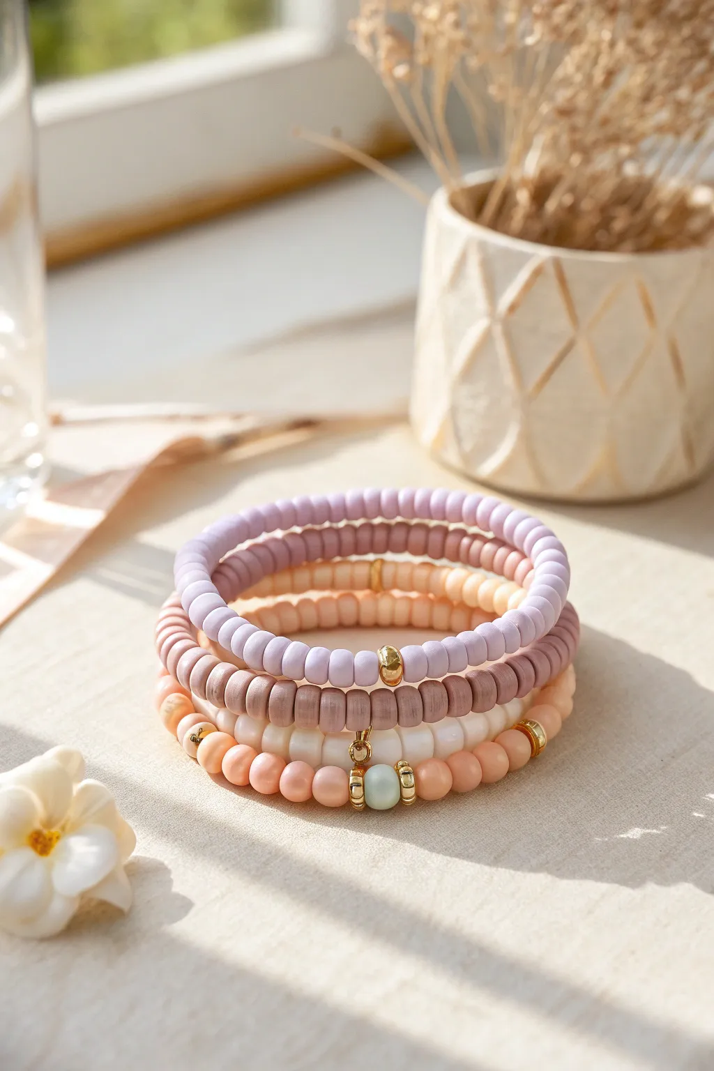 Preppy pastel heishi bead bracelets in pink, lilac, and peach for an easy, chic DIY stack.
