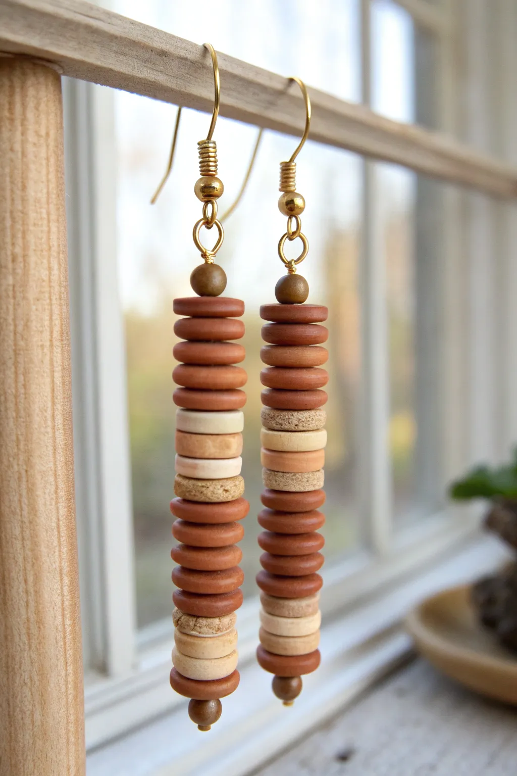 Minimal stacked clay bead dangle earrings with a tiny spacer bead for a clean polished finish