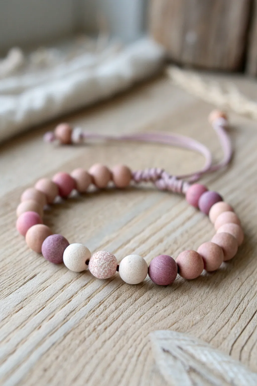 Soft pastel ombre clay bead bracelet in a gentle curve, easy-to-copy color fade.