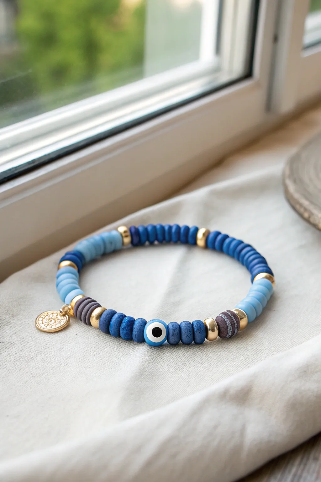 Blue clay disc bracelet with bold evil-eye centerpiece and subtle gold spacers, minimalist boho.